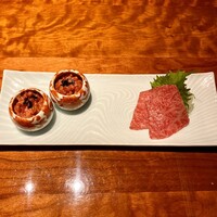 銀座 山科 - ユッケ・ソトモモ刺し