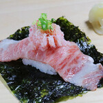 Sankai hand-rolled Sushi Kuroge Wagyu beef + crab