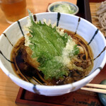 Teuchi Soba Udon Ayame - つけ汁には、小海老天、しその葉天、長ねぎが入っています。