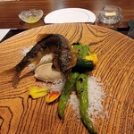 Gibier MIYAMA - 鮎、白味噌クリームチーズ、キュウリの昆布〆、万願寺とうがらし、賀茂ナス