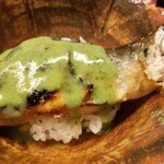 道人 - ⑦鮎(滋賀県安曇川産)と玉蜀黍の飯蒸し、蓼&白味噌ソース掛け
      この時期の定番である鮎を炭火焼きだけで終わらせず飯蒸し仕立てに
      蓼&白味噌ソースというのは独創的で面白いですね♪