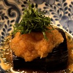 道人 - ⑩久世茄子(京都府久世産)の揚げ浸し、辛味大根おろし&刻み大葉載せ
      京都の夏は茄子とは切り離せないですね
      サッパリとした薬味で爽やかに頂きました