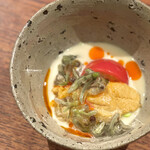 にしぶち飯店 - 雲丹、枝豆、じゅんさい、冷やし坦々麺胡麻のスープ