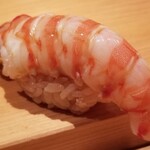 鮨 さかい - (19)車海老(熊本県天草産)
      産卵期は初夏～初秋、旬は初夏～初秋
      茹でたての温かい車海老はぷりぷり、温かなシャリがググッと沈み込みます
      車海老の華やかな甘みと旨味が押し寄せます