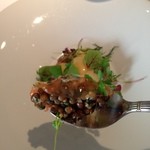 モンテ - サーモンのタルタルレンズ豆のサラダとベーコンのジュレ