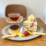 菓子35山 - 桃のショートケーキ、気まぐれプリン、紅茶♡