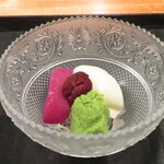 心根 - 桃のアイス　桃の赤紫蘇漬け　ずんだ