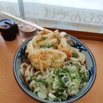 加賀 - かき揚げうどん￥480+大盛￥80　バードアイアングル