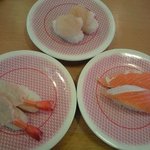 かっぱ寿司 - ほたて貝、とろサーモン、生海老　ランチタイム1皿94円
