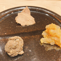 鮨 はしもと - 珍味3種（あん肝・アユのペースト・白エビとカラスミ）