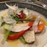 パッソ・ア・パッソ - アンティパスト
      うさぎのルトロ、パプリカのソース
      マスのポルペッティ
      マハタとアボガドのタルタル
      岩手県産松茸
      季節の野菜
      ズッキーニ