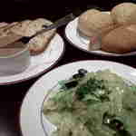 有楽町ワイン倶楽部 - ＜ディナー＞　お通しのパン（＠350円×2）、レバームース（480円）、アンチョビキャベツ（480円）。美味いです♪