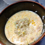 高崎はた山 - 【2021.7.31(土)】そぼろご飯の残ったご飯に冷し担担麺のスープを入れた