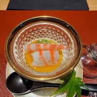 日本料理FUJI - 静岡県吉田町のトウモロコシ味来（みらい）の冷製茶碗蒸し、サイ巻き海老、叩きオクラ、土佐酢