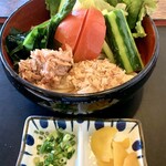 うどん ちくぜん - サラダうどん。腰の強い讃岐うどん。シーチキン1缶かぁというまとまり感がなんとなく割高感を感じてしまった。おうちで冷たいおうどんいただくときにこうするなぁと。