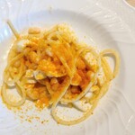 La Brianza - 届きたてカワハギとからすみスパゲットーニ。関東では珍しく感じるカワハギ、関西ではよく召し上がられるそう。私には目新しく嬉しい♪ しっとりプリプリ食べ心地、からすみの風味やいんげん豆のホクホクと絶妙美味