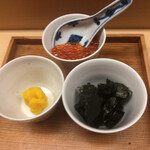 松川 - ご飯のお供4品(ちりめん山椒、いくら、生唐墨、海苔)