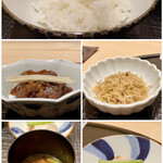 新ばし 星野 - お食事
      炊き立て艶々のご飯に、牛時雨煮にジャコ、お漬物とお味噌汁、もう完璧なラインナップです♪
      お漬物は昆布に漬けた蕪の梅肉和え、その酸味に箸が止まらんです！
      牛時雨煮、これはご飯エンドレスへの誘い。