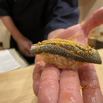 Kagami - 小鰭
                        黄身酢おぼろがまぶされた小鰭。光り物を寝かせたえぐみと酢締めの酸味を綺麗に和らげる江戸前の一貫。