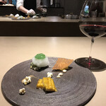 厨翠山   - 前菜ーとうきびすふぉるまーと、北寄さらだ、焼きとうきび、ばたー醤油そーす　と　ワイン