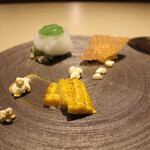 厨翠山   - 前菜ーとうきびすふぉるまーと、北寄さらだ、焼きとうきび、ばたー醤油そーす　と　ワイン