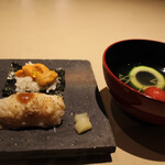 厨翠山   - 雲丹　北寄　　　お椀（じゃんさい、みにとまと、ずっきーに）