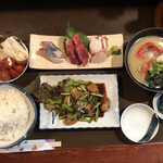 Sankai - 2021/08/05
                        山海おまかせ定食 1,500円 ✳︎お友達価格
                        刺身盛合せ、ホルモン、金目鯛のあら汁、サラダ、酢の物