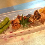 Kappou Imamura - 前菜(ヒイカ、イワシ、つぶ貝、辛子レンコンなど)