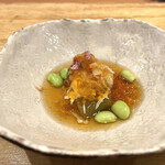 天ぷら たけうち - ①揚げ茄子と毛蟹のジュレ