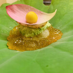 道人 - 1.【先付】
      蓮餅、お出汁のジュレ、茶豆のズンダ、酢漬け蓮根、鬼灯トマト