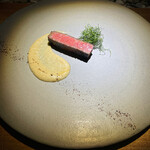 隼 - 麻婆茄子～栃木県産茄子のペースト、芽ネギ、A5山形牛のヒレ肉　ラー油と山椒　口の中で麻婆茄子の味わいに変化