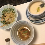 梅の花 - 豆腐サラダ、蓮根饅頭、茶碗蒸し