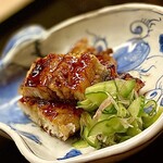 道人 - ⑨強肴〜何とも分厚い有明海の海鰻（青鰻）のうざく。厚みは1cmを越える位でしょうか。なかなか頂けない青鰻だが、やっぱり鰻屋さんの方がいいかな。