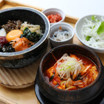 Set of stone-grilled bibimbap and sundubu or Cold Noodles