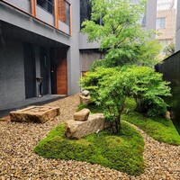 KOKE - 狭いアプローチを通ると、苔が雨に濡れて美しい中庭、美味しい水が涌き出る井戸、ガラス張りのお店にはカウンターとテーブル席が見える
