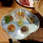 蔵王四季のホテル - 口取り   白身魚の若草焼  ポテトタルト  夏野菜ゼリー寄せ  うなぎのパイ包み焼き  鶏肉の信田巻  梅干しのワイン煮  