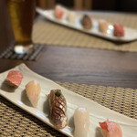 156593962 - ■寿司５貫　大トロ、勘八の砂ずり、鯵の漬、あおりいか、金目鯛の昆布締め