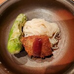 神戸牛ステーキ海鮮料理 わ田る - 神戸牛のヒレカツ、しし唐の揚げ浸し、素麺♪