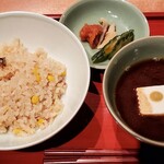 神戸牛ステーキ海鮮料理 わ田る - 鯛めし　豆腐の赤だし　自家製漬物と自家製明太子