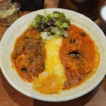SPICY CURRY 魯珈 - 選べる２種カレー 激辛チェティナード風チキンカレー～Ver.火雷神～とゴーヤと手羽元の滋養強壮赤カレー