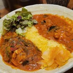 SPICY CURRY 魯珈 - 選べる２種カレー 激辛チェティナード風チキンカレー～Ver.火雷神～とゴーヤと手羽元の滋養強壮赤カレー