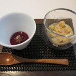 オマージュ - フォアグラのフラン　葡萄のジュレ
      茄子のピュレ　秋鮭のリエット
      