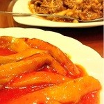 ナスの炒め物、牛肉のXO醤炒め