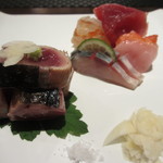 銀座 座屋 - お造り、手前が藁焼き