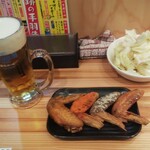 奇跡の手羽先 サラリーマン横丁 - 手羽先４種、キャベツ、生ビール(2021.8/中旬)