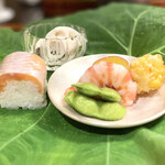 壽山 - 鮑 蓮根 玉蜀黍まる揚げ 車海老 だだ茶豆 チップ棒鮨