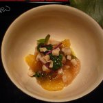 近又 - 先付　初鰹、鳥貝、白芋茎、花菜、夏柑、土佐酢ゼリーかけ、防風３