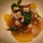 近又 - 先付　初鰹、鳥貝、白芋茎、花菜、夏柑、土佐酢ゼリーかけ、防風４