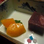 近又 - 水物　苺の羊羹、オレンジ、金平糖、抹茶２