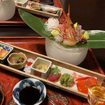 萬翠楼 福住 - 涼菜 左から 無花果揚出し、相州牛山椒煮土佐酢掛、鱧梅肉醤油掛、白瓜と茗荷つぶ貝の玉蜀黍酢掛、新丸十レモン煮、地魚真丈枝豆包揚げ、灯鬼玉子